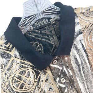 Riscatto Mens L Abstract Geometric Print Polo Shirt Brown Tan Black Short Sleeve